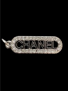 CHANEL Crystal Logo Charm Pendant SilverTone Rhinestone Bag Charm Made in France